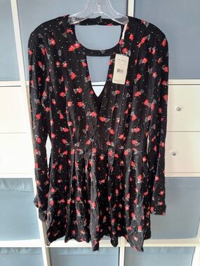 Free People Black Mini Dress Red Floral Print size 8